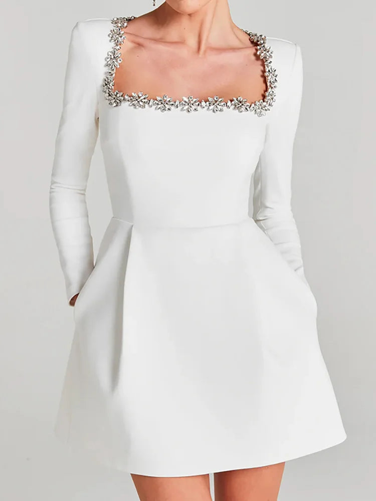 Elegant white square neck mini wedding dress with long sleeves for brides.
