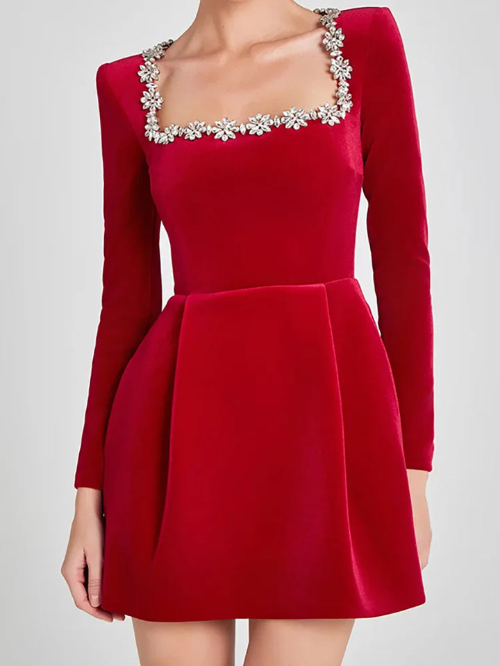 Women's elegant white mini celebration dress, square neck design, long sleeves.