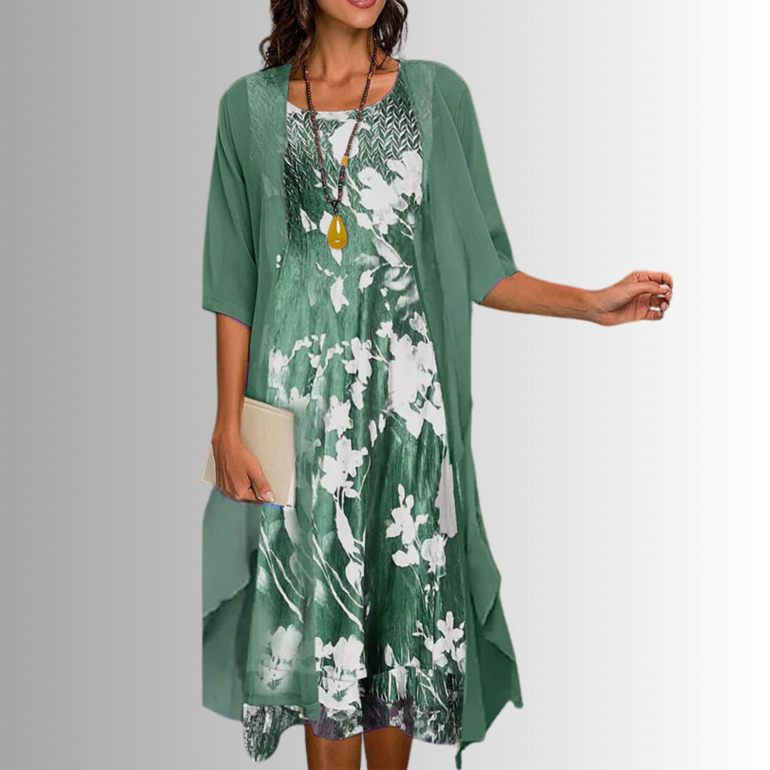 Elegant women's 2-piece summer set: flowy blouse & matching dress. Perfect for versatile day to night fashion.