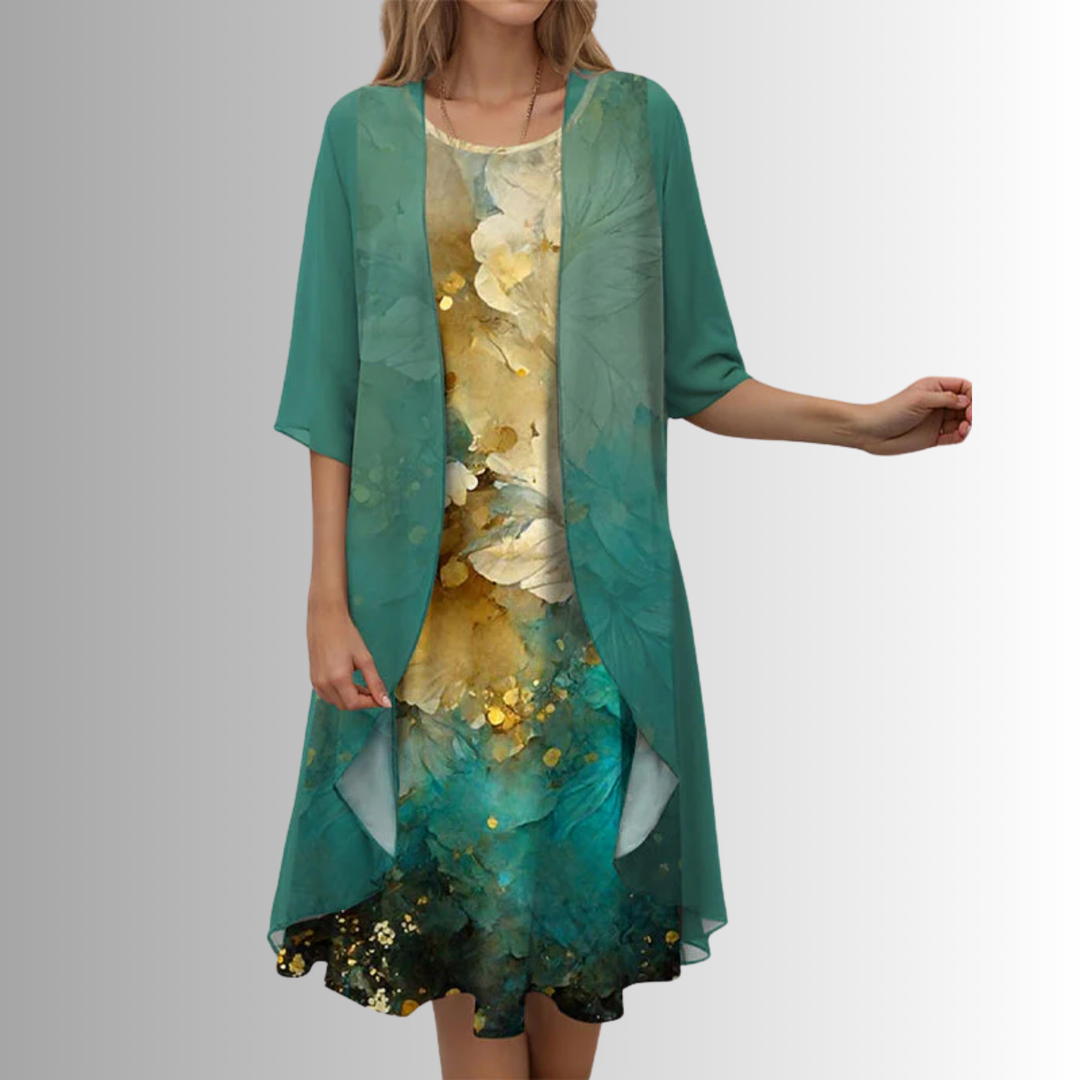 Women's summer fashion: a flowy blouse and elegant dress two-piece set, perfect for any occasion.