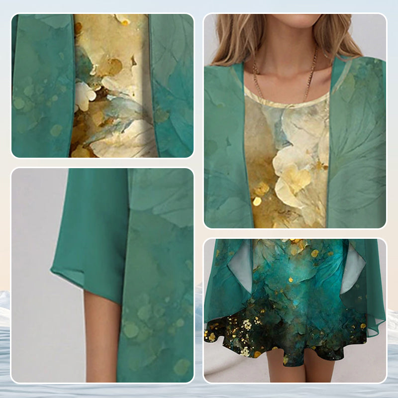 Women's day to night two-piece outfit: elegant flowy blouse and dress combo for stylish summer wear.