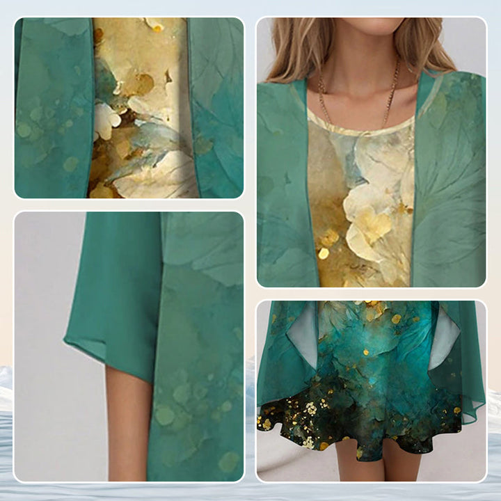 Women's day to night two-piece outfit: elegant flowy blouse and dress combo for stylish summer wear.