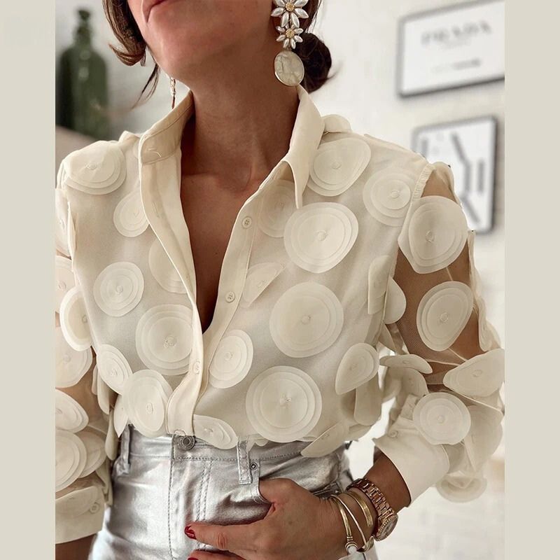 Stylish women's beige collar blouse with long sleeves for smart wear. Perfect versatile top for business casual fashion.