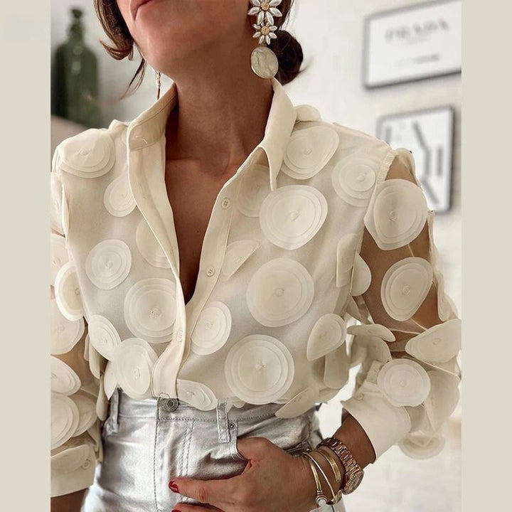 Stylish women's beige collar blouse with long sleeves for smart wear. Perfect versatile top for business casual fashion.