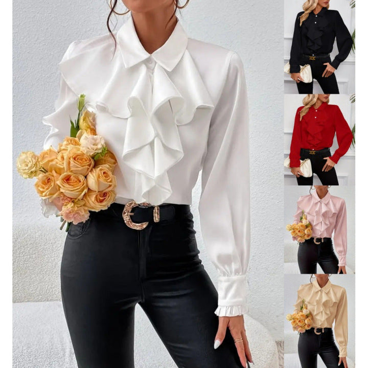 Elegant women's blouse with refined ruffle details and long sleeves, perfect for office wear or chic casual outfits.