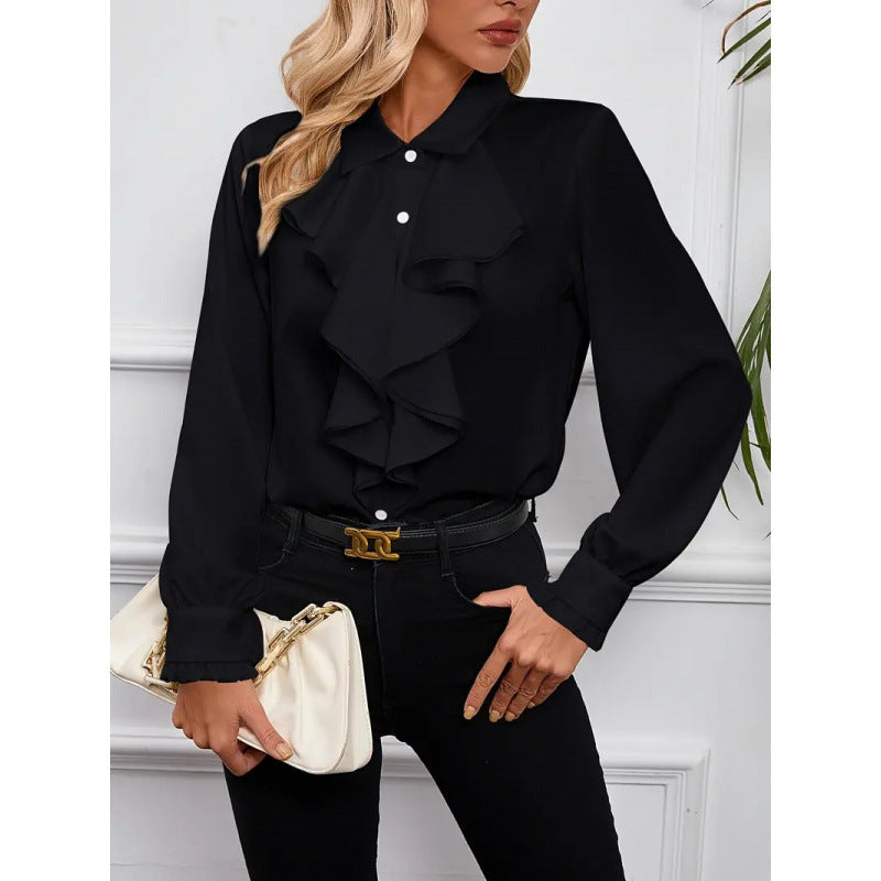 Chic women's ruffle top, a long sleeve fashion blouse versatile for workwear, spring, and elegant summer styles.