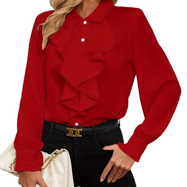 Dressy women's elegant ruffle blouse, a long sleeve workwear top perfect for office fashion and sophisticated style.