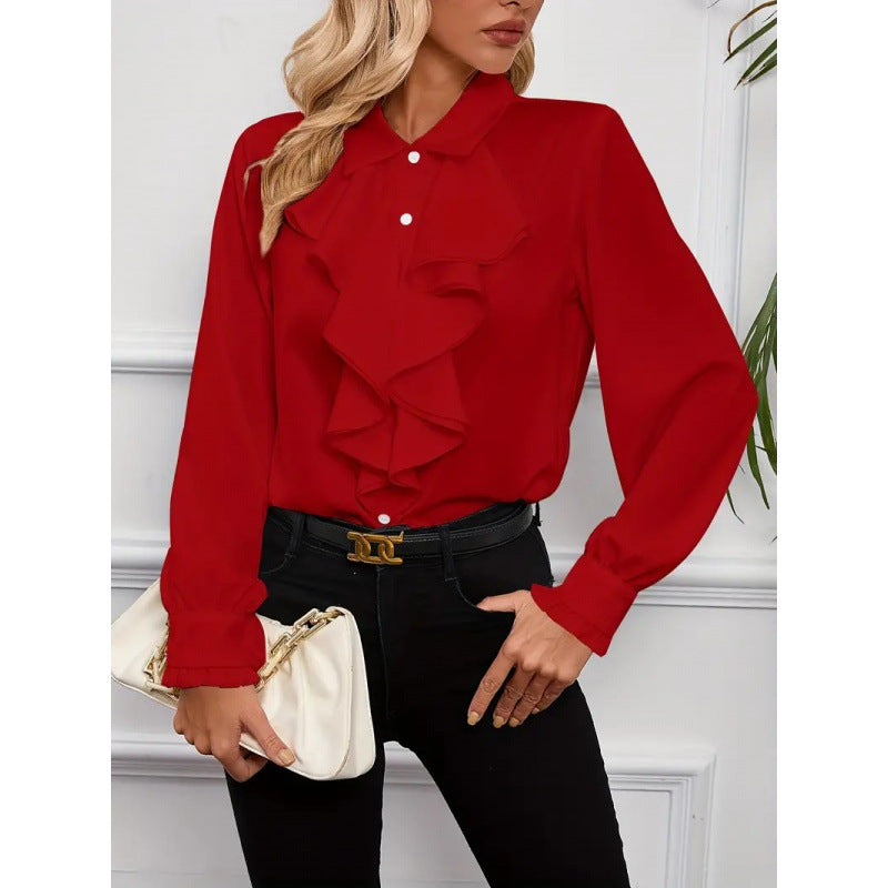 Versatile women's casual ruffle blouse with elegant long sleeves, a chic fashion top for spring and summer comfort.