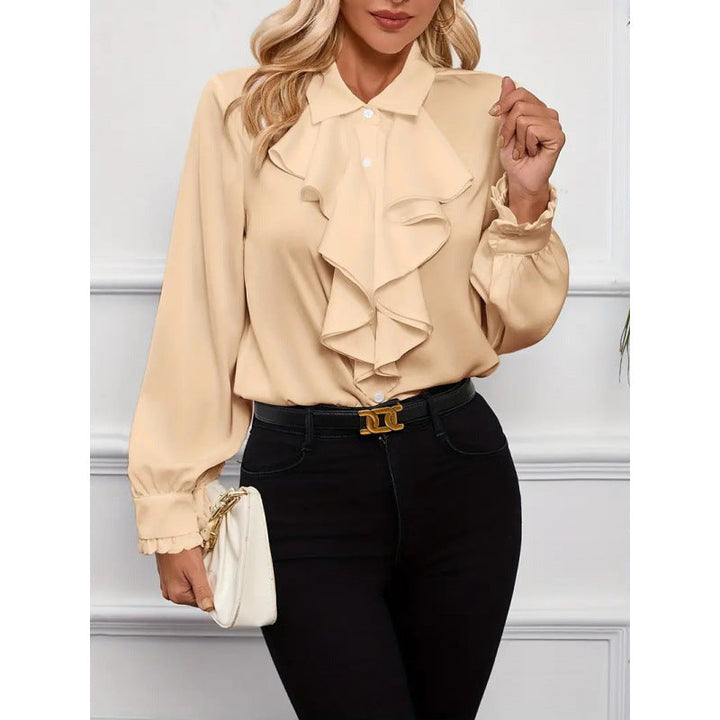 Modern women's elegant blouse with refined ruffles and sleeves, a long sleeve fashion top for work or everyday style.