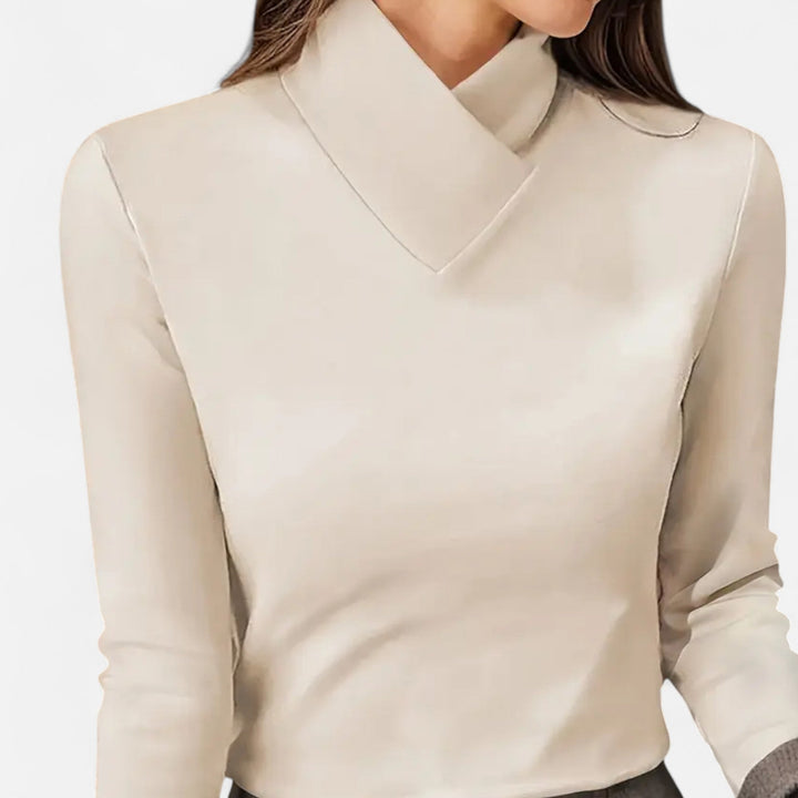 Elegant women's blouse with unique criss-cross neck & long sleeves, perfect for fall workwear & casual chic.