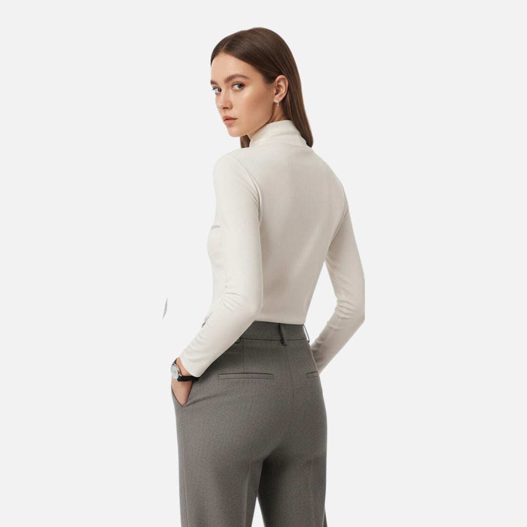 Women's elegant long sleeve blouse featuring a stylish criss-cross neckline & contrast collar, ideal for fall outfits.