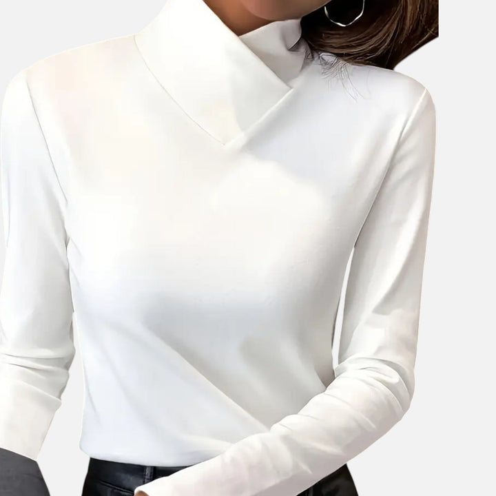 Stylish women's long sleeve criss-cross blouse, an elegant top perfect for fall fashion & sophisticated winter workwear.