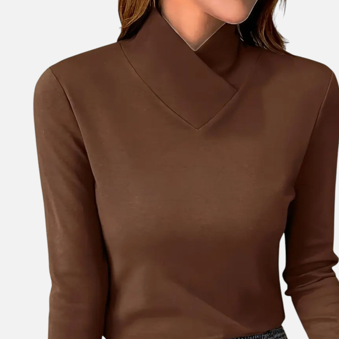 Elegant women's criss-cross neck long sleeve blouse with a distinctive contrast collar, ideal for office or casual chic.