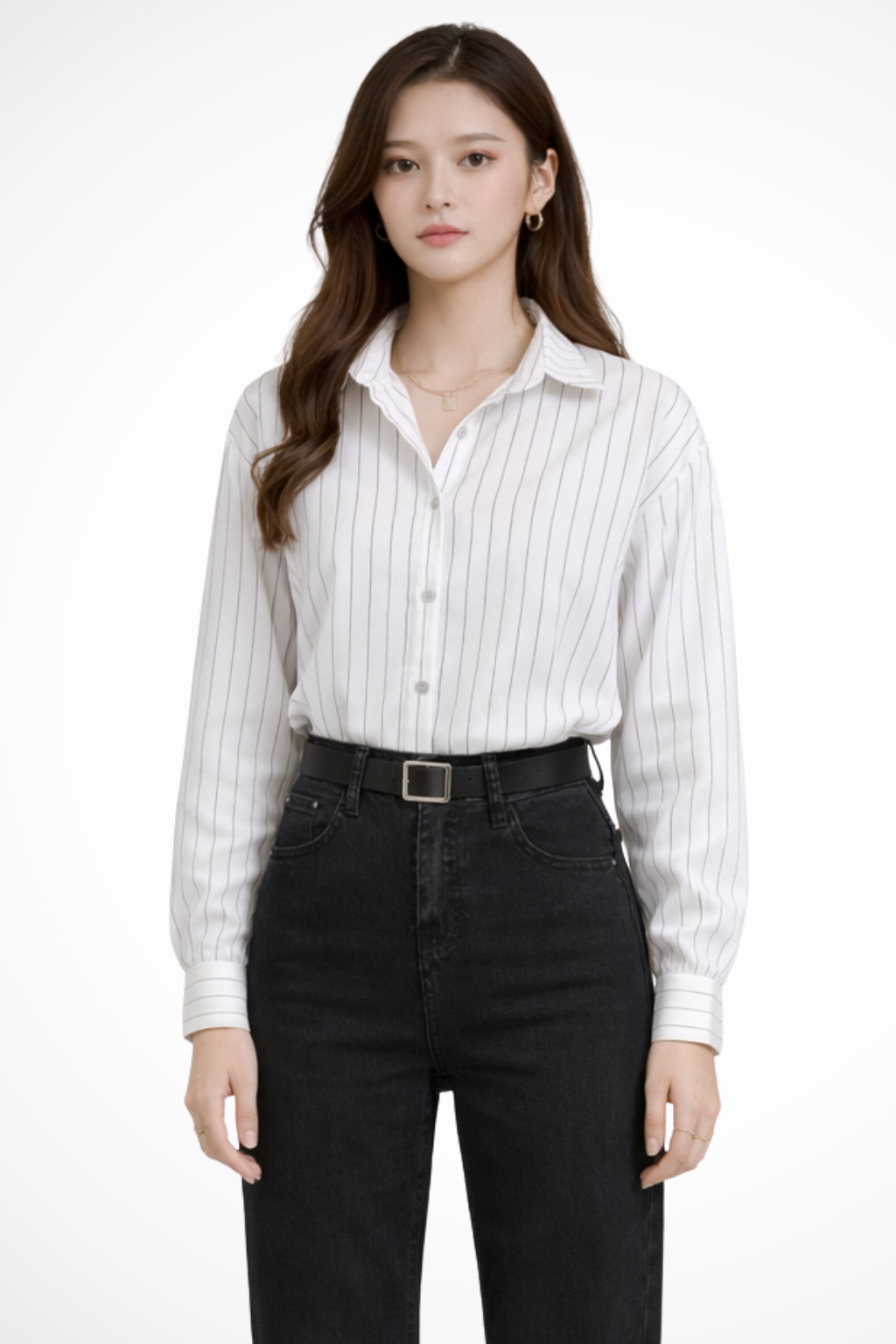 Stylish women's long sleeve striped shirt, button-down design, ideal for professional workwear or elegant casual.