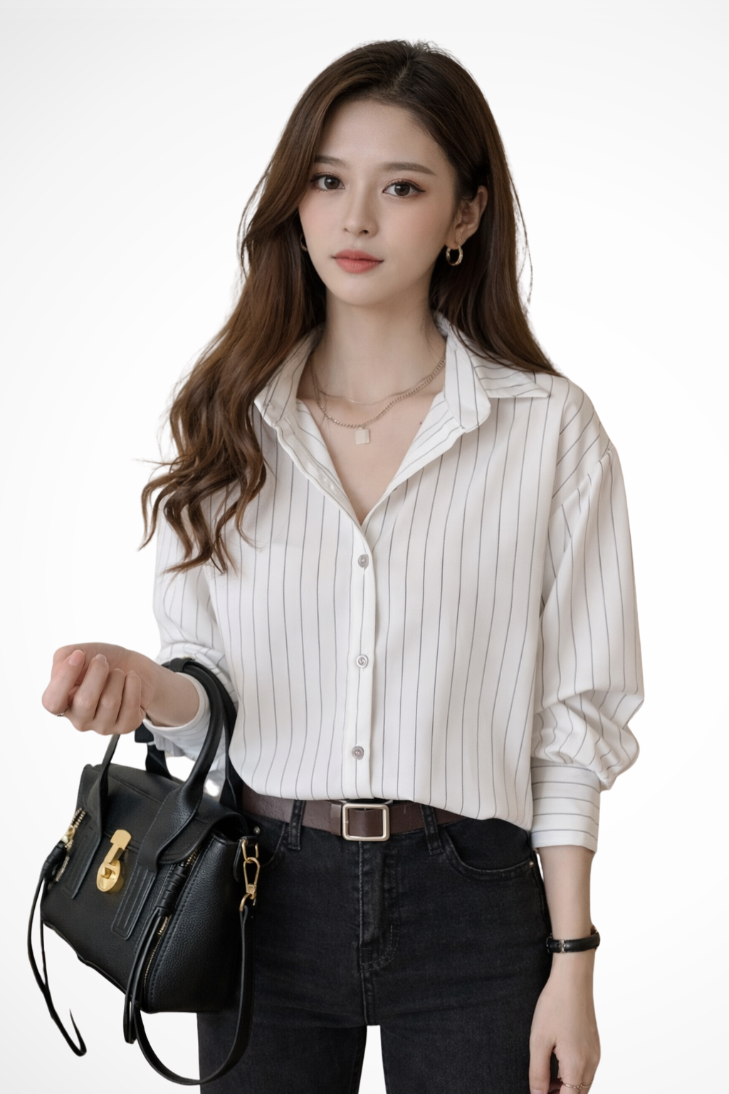 Versatile women's striped long sleeve top, elegant button-down shirt, great for office, business casual or everyday.
