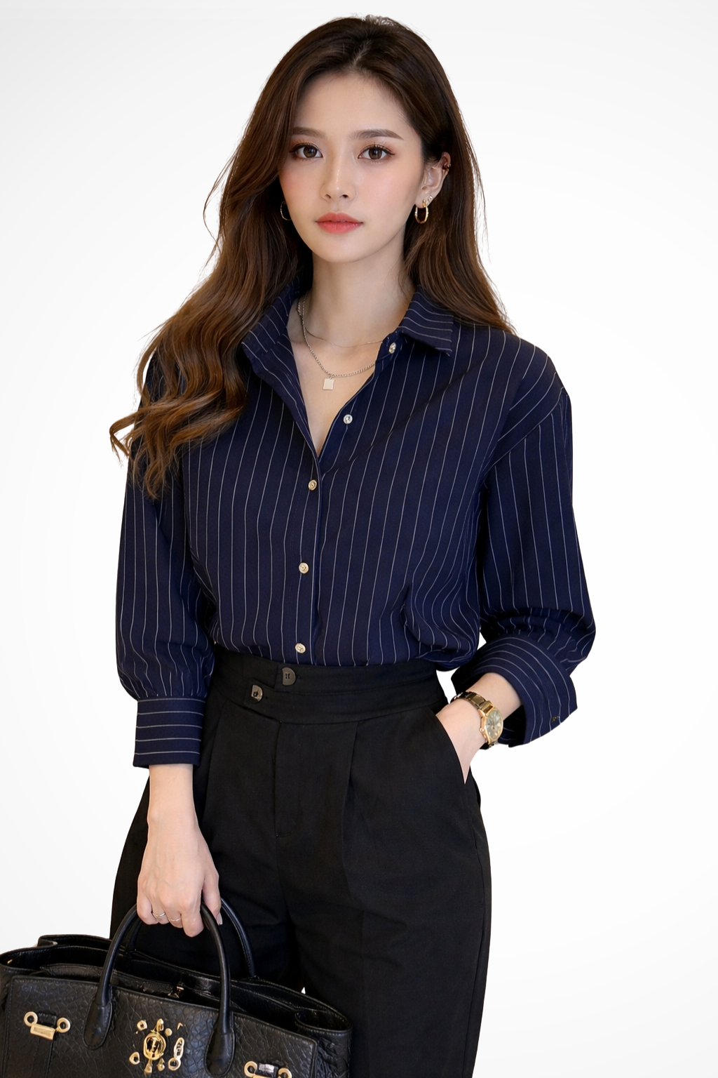 Professional women's blue striped button-down shirt, long sleeve elegant workwear with a classic turn-down collar.