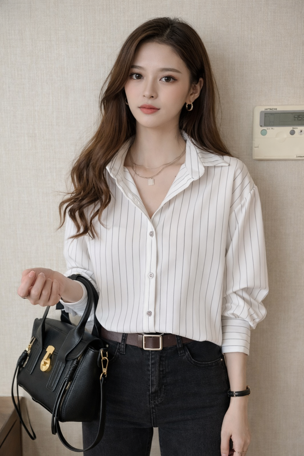 Casual elegant women's white striped long sleeve shirt, button-down design, comfortable & stylish for daily wear.