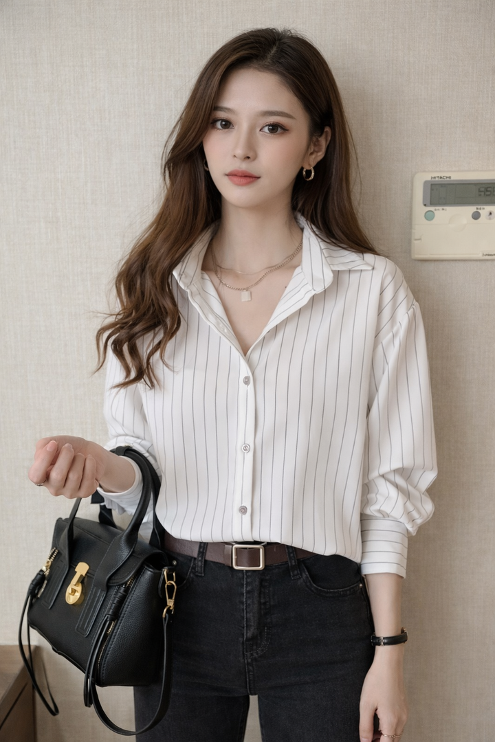 Casual elegant women's white striped long sleeve shirt, button-down design, comfortable & stylish for daily wear.