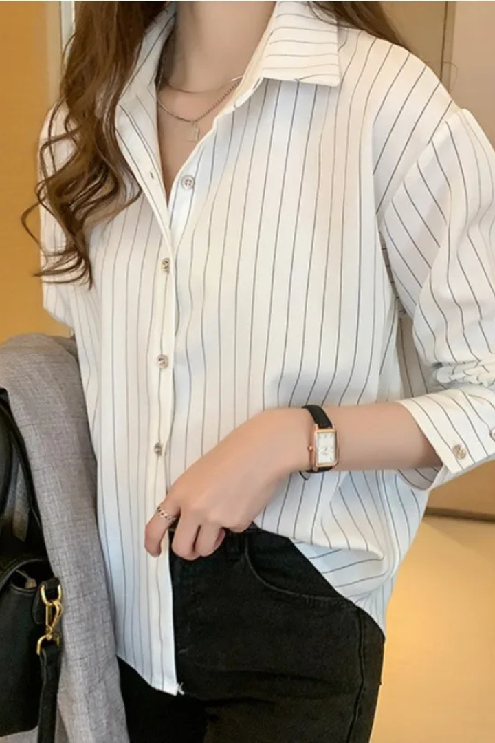 Modern women's striped button-down long sleeve shirt, a timeless elegant top with a turn-down collar for all seasons.