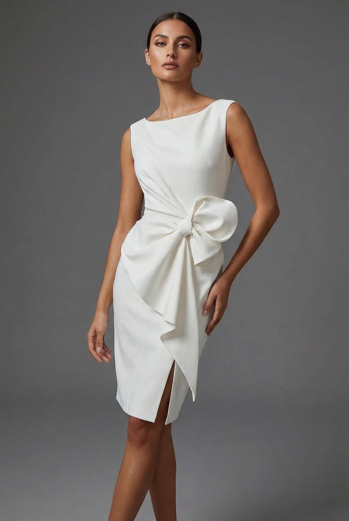 Formal women's bow waist pencil midi dress for weddings, parties, and special occasion fashion.