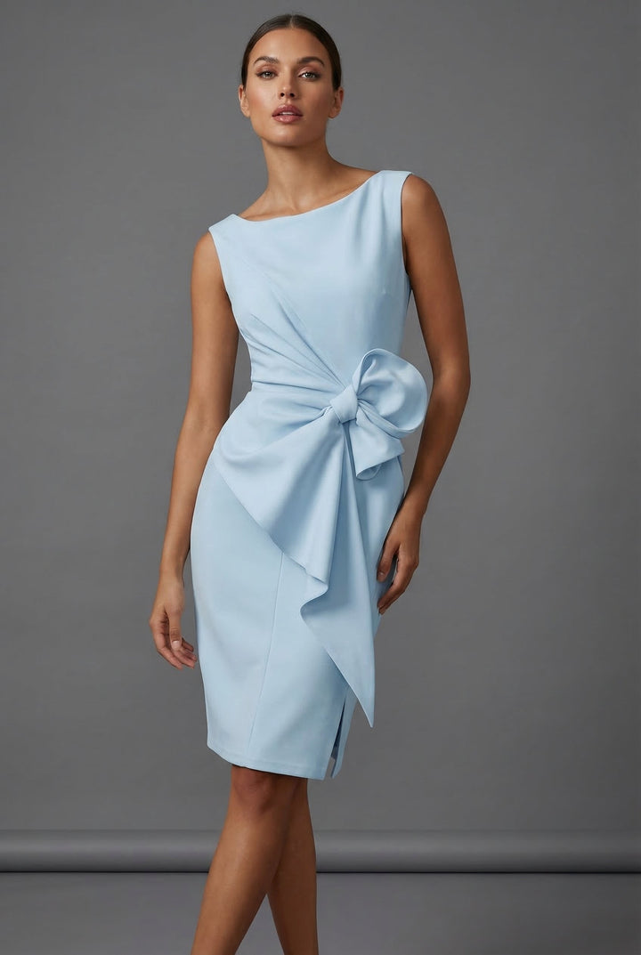Stylish women's midi pencil dress with an elegant bow waist, ideal as a wedding guest or party dress.