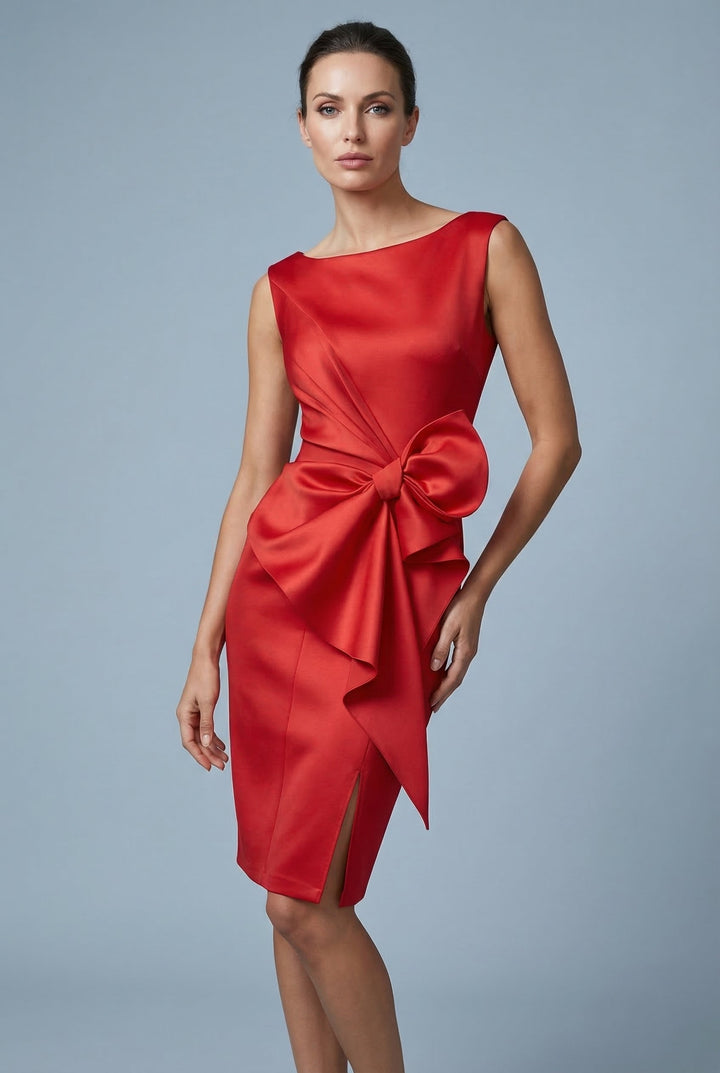 Women's formal midi dress with an elegant bow waist, a chic pencil silhouette for special events.
