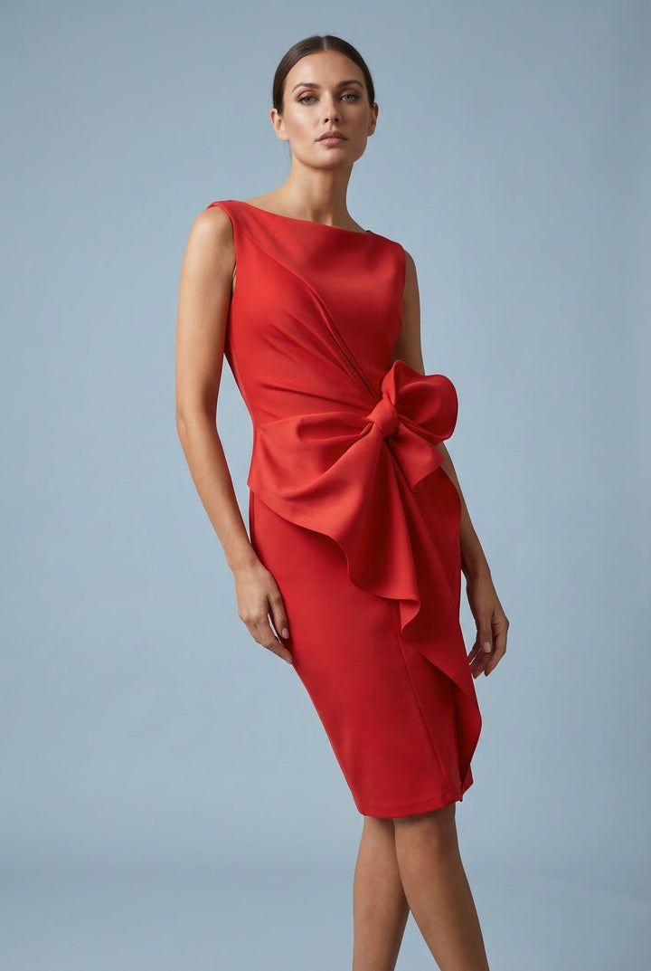 Sophisticated women's elegant pencil midi dress, bow waist, perfect cocktail or wedding guest attire.
