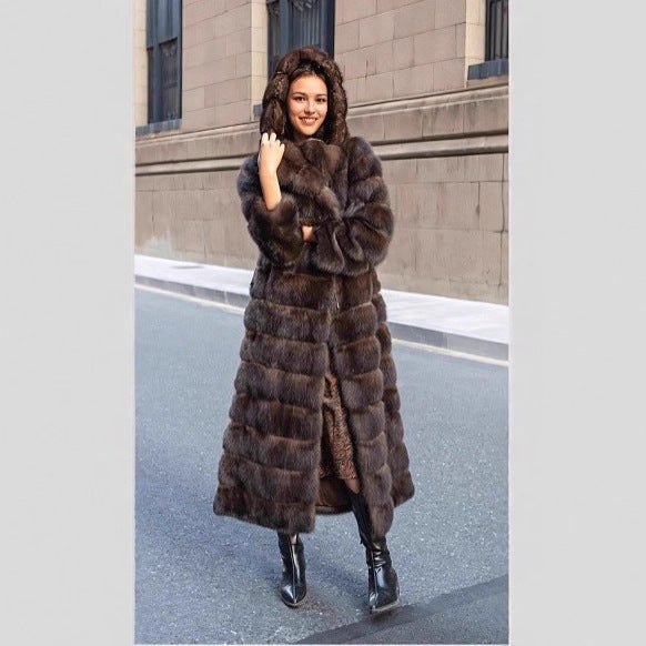 Elegant women's brown faux fur hooded coat, perfect for warm, chic winter outerwear.