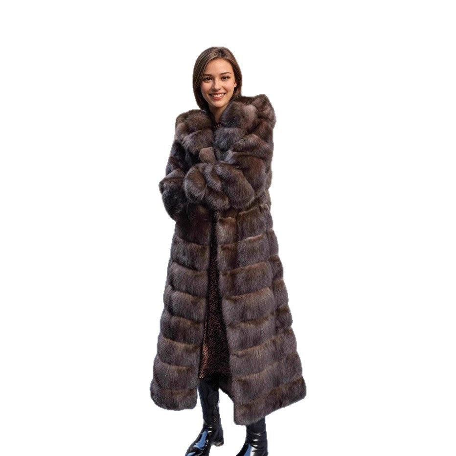 Luxurious women's brown faux fur hooded winter coat. Elegant, warm, and chic outerwear for a fashionable look.
