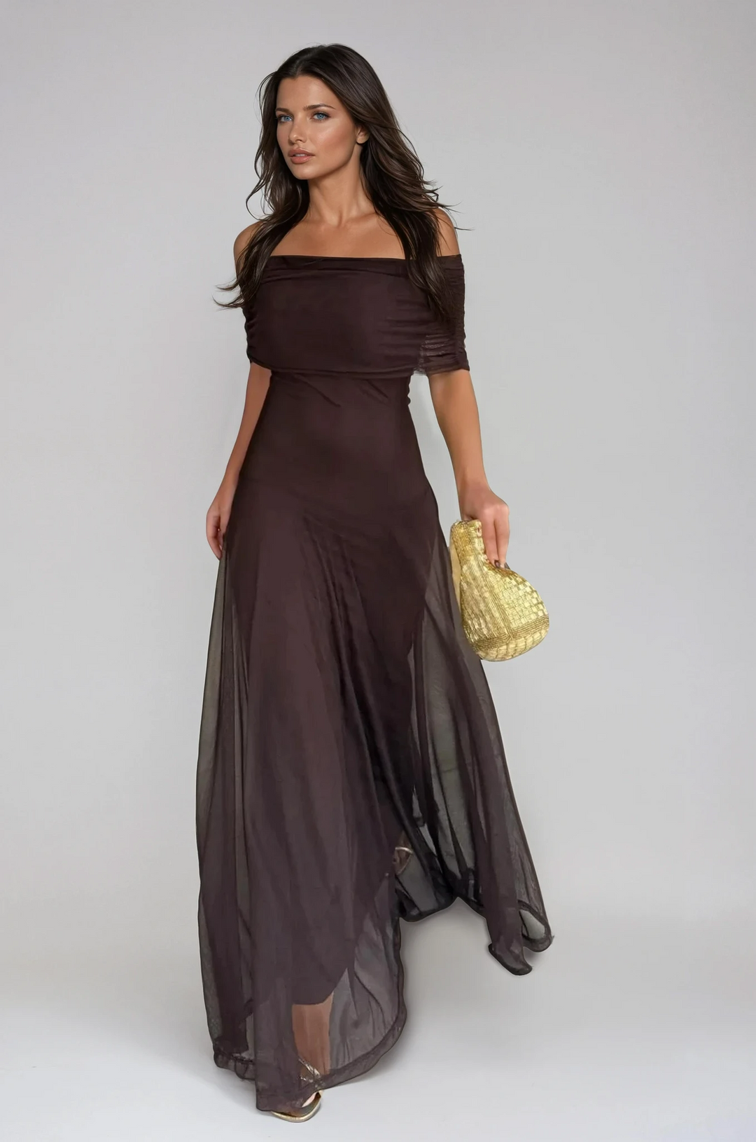 Elegant women's brown maxi wedding guest dress with delicate mesh overlay for formal occasions.