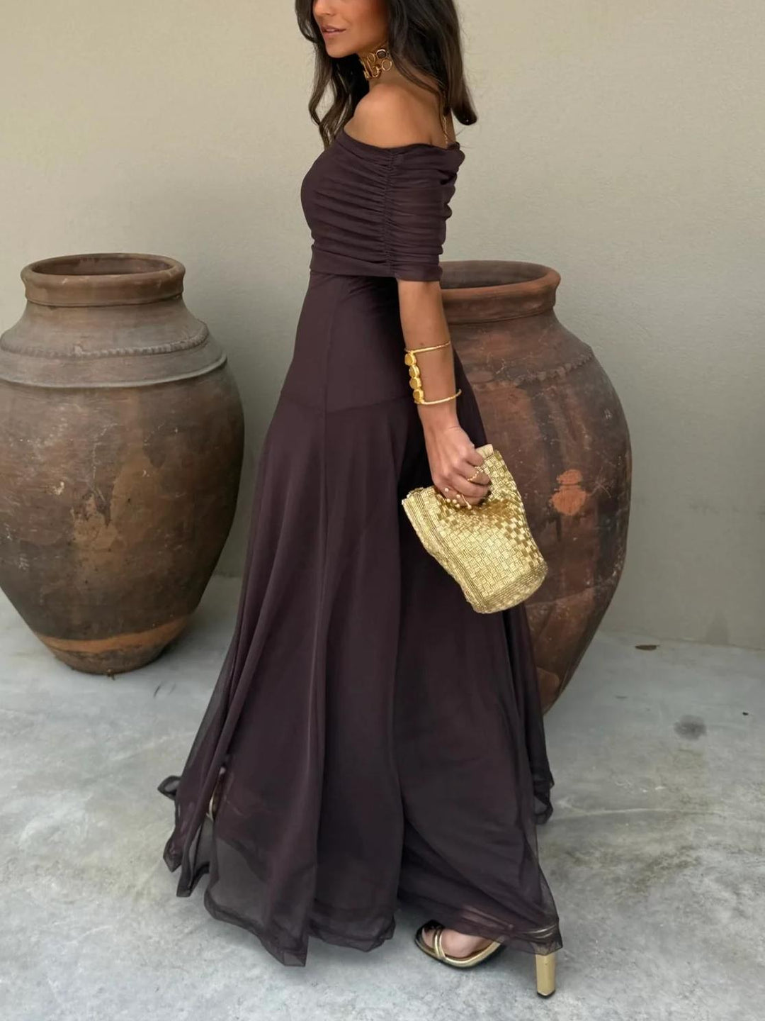 Chic brown mesh overlay maxi gown for women, ideal as a wedding guest, formal, or special occasion dress.