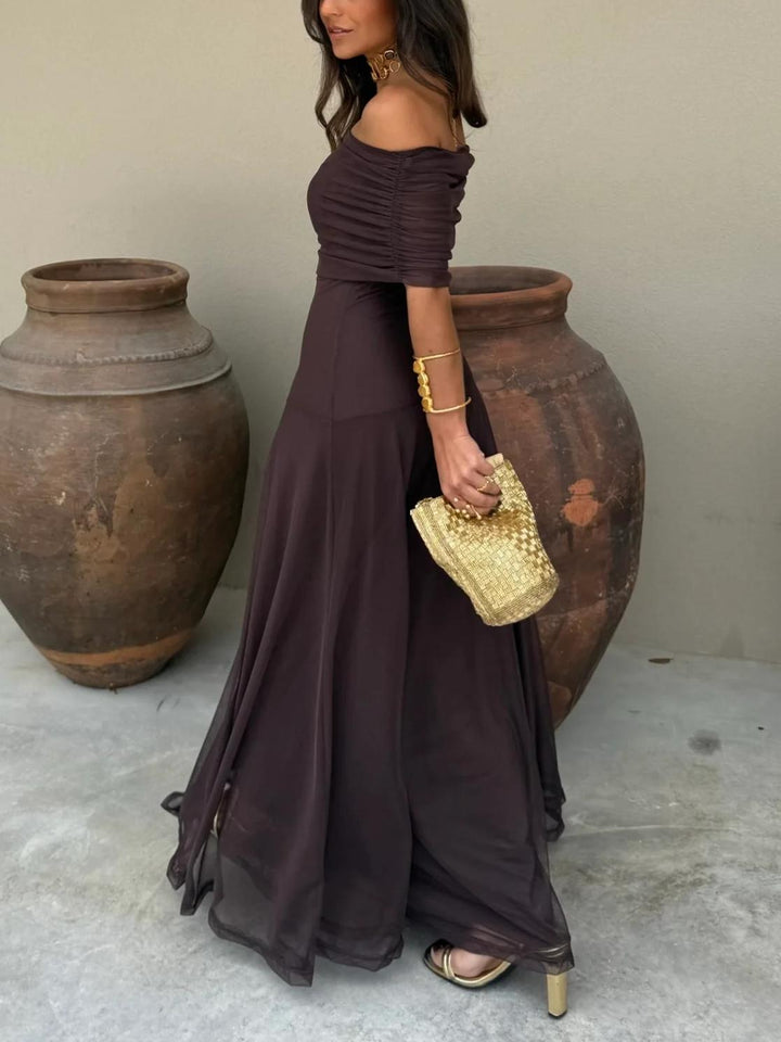 Chic brown mesh overlay maxi gown for women, ideal as a wedding guest, formal, or special occasion dress.