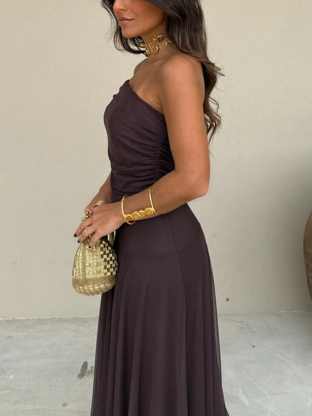 Brown elegant mesh overlay maxi dress for women, ideal for weddings, parties, and formal evening events.