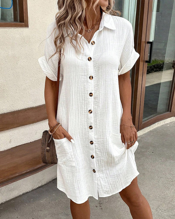 Elegant women's button-front shirt dress with collar, perfect for versatile spring & summer casual style.