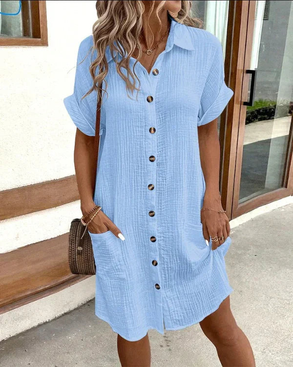 Chic women's collared shirt dress featuring a button-front closure, ideal for effortless everyday elegance.
