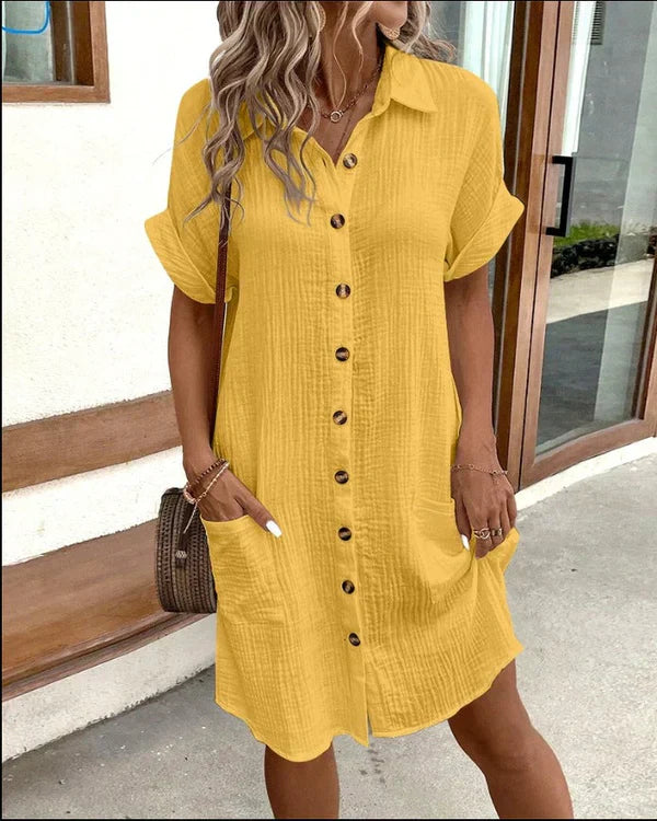 Stylish women's button-front shirt dress for effortless elegance, a comfortable day dress for spring & summer.