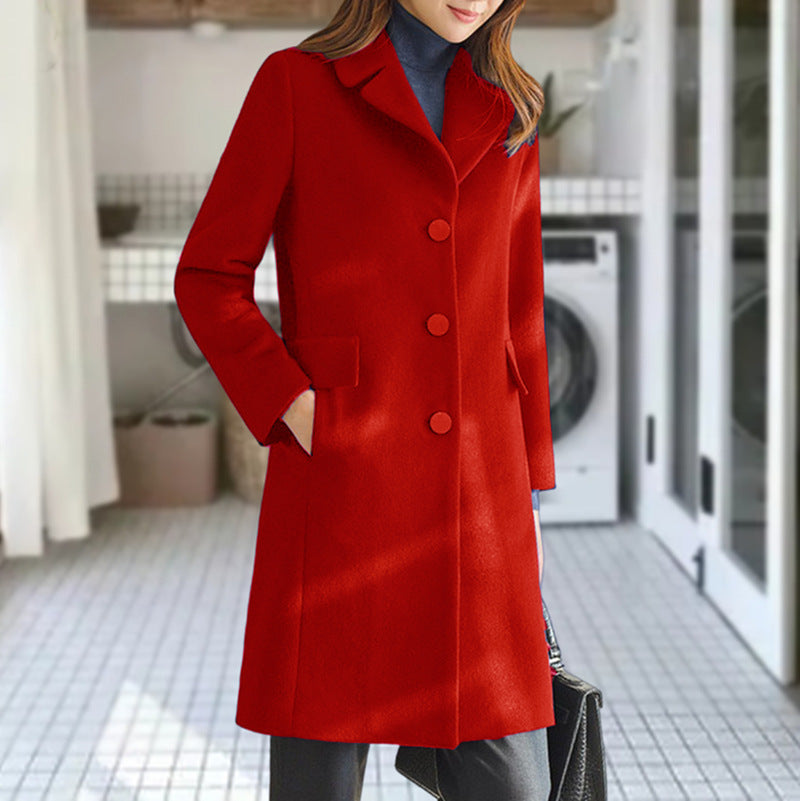 Stylish women's classic long winter coat, sophisticated outerwear for cold weather.