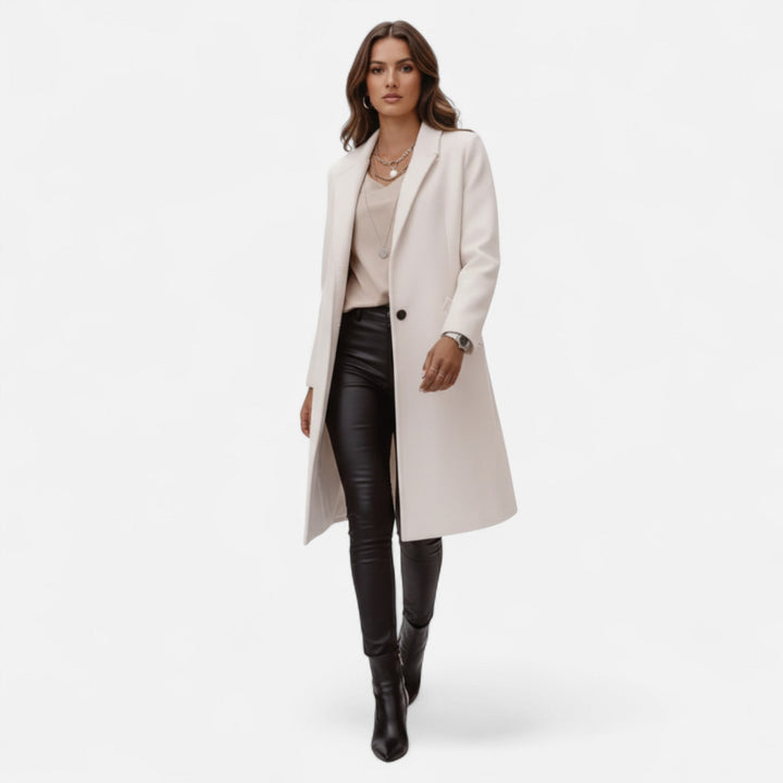 Tailored women's classic mid-length coat, versatile for fall fashion or elegant winter outerwear.
