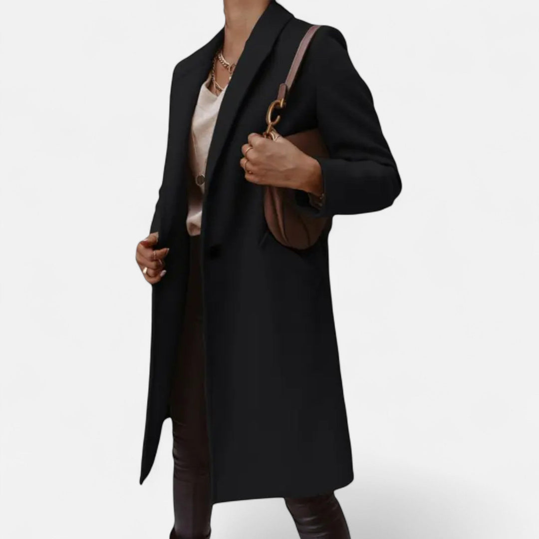 Stylish women's tailored mid-length coat, a classic and elegant piece for versatile fall and winter fashion.