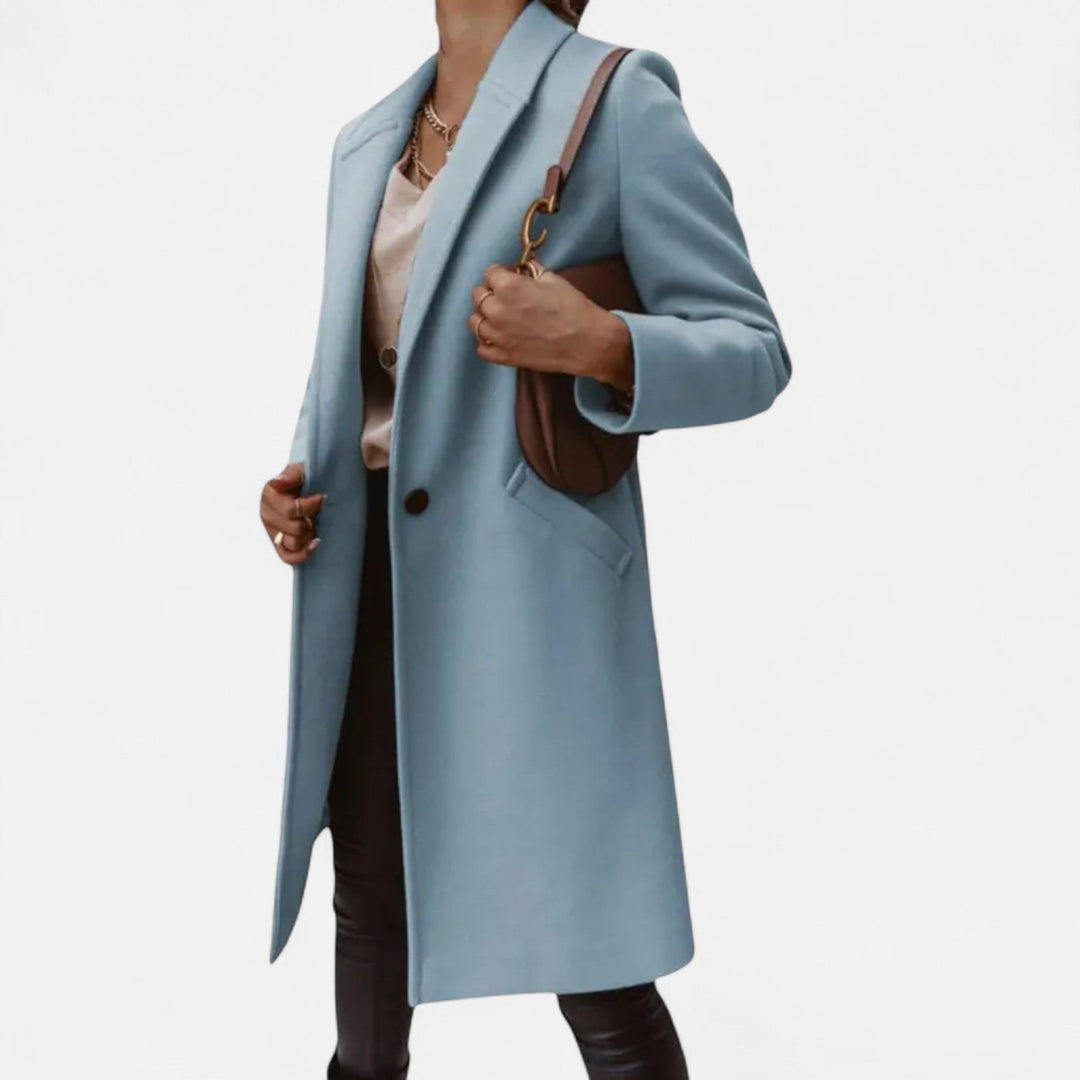 Luxury women's classic mid-length coat, elegant tailored design for versatile fall and winter outerwear.