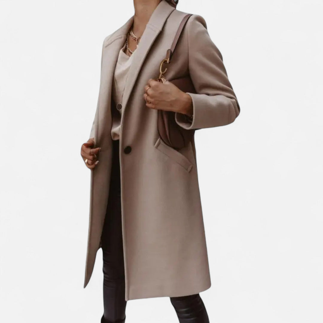Classic women's mid-length coat, elegant lapel design, perfect tailored luxury outerwear for fall/winter.