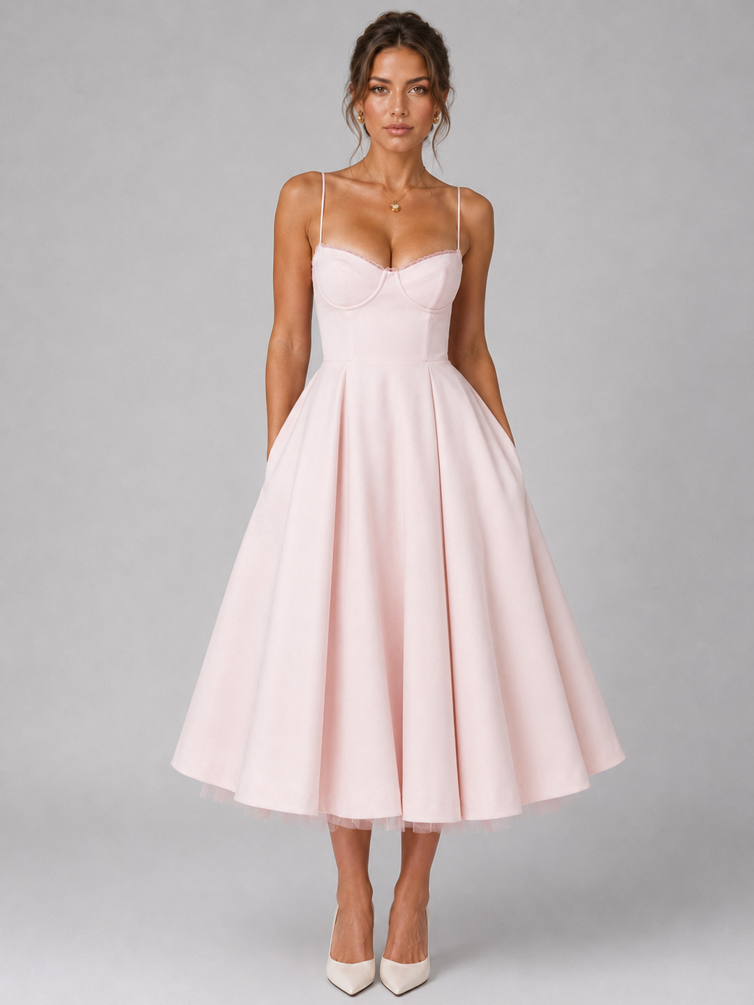 Elegant women's corset full skirt midi dress, perfect for summer occasions. Features a cinched waist & flowing skirt.