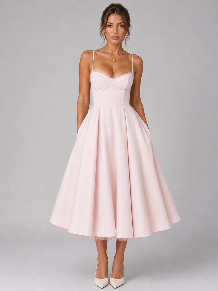 Elegant women's corset full skirt midi dress, perfect for summer occasions. Features a cinched waist & flowing skirt.