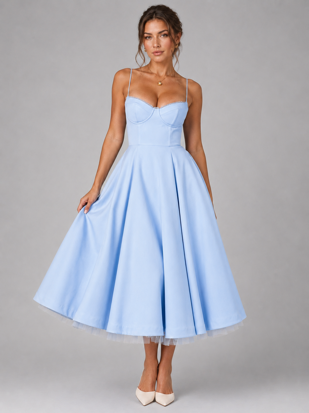 Chic women's midi dress with corset-style back lacing & full skirt. Ideal elegant occasion wear.