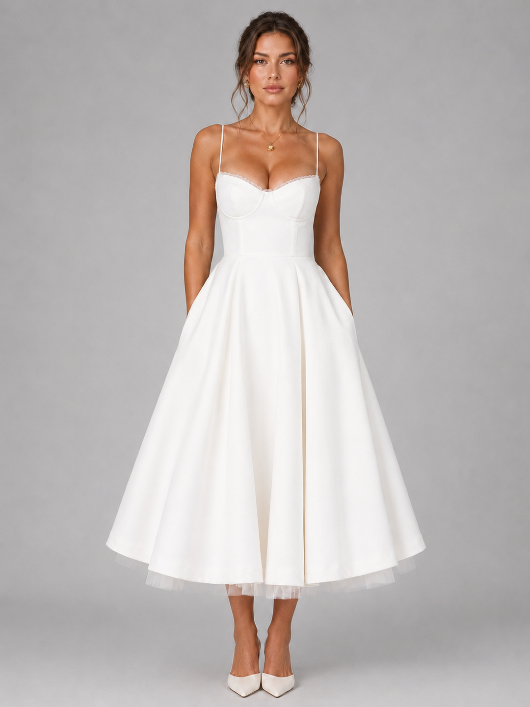 Model wearing a flattering women's corset full skirt midi dress, ideal for elegant summer events.