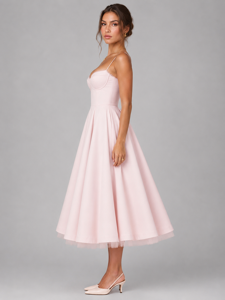 Sophisticated women's occasion wear midi dress with elegant corset detailing and a charming full skirt.