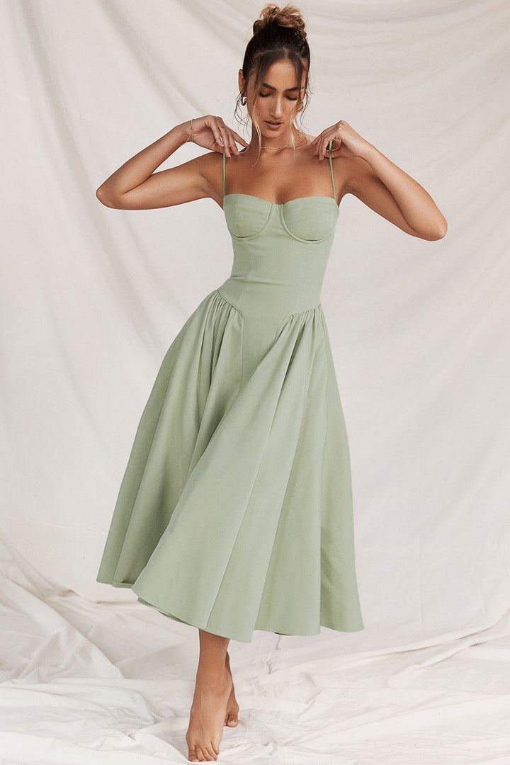 Elegant women's corset midi dress with adjustable straps, perfect for parties & cocktails.