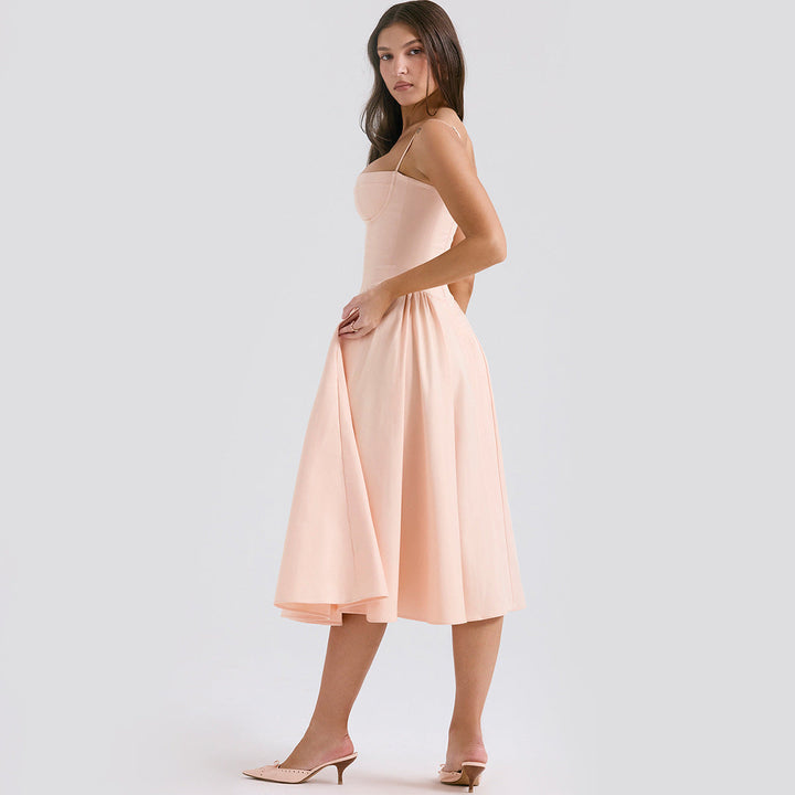 Summer style elegant midi corset dress with adjustable straps for women, perfect for events.