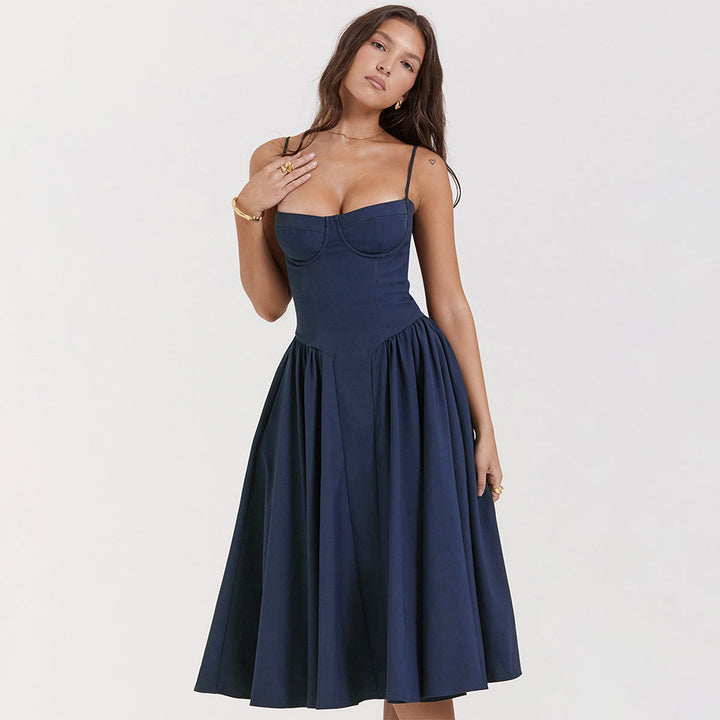 Stylish women's cocktail midi dress, elegant corset top & adjustable straps for chic fashion.