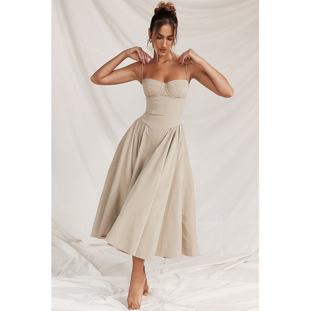 Occasion wear women's midi dress: elegant corset design, adjustable straps, flattering fit.